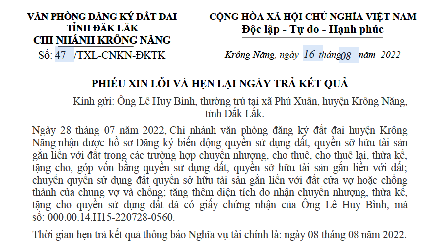 Thư xin lỗi và hẹn ngày trả kết quả của Ông Lê Huy Bình, hường trú tại xã Phú Xuân, huyện Krông Năng, tỉnh Đắk Lắk.
